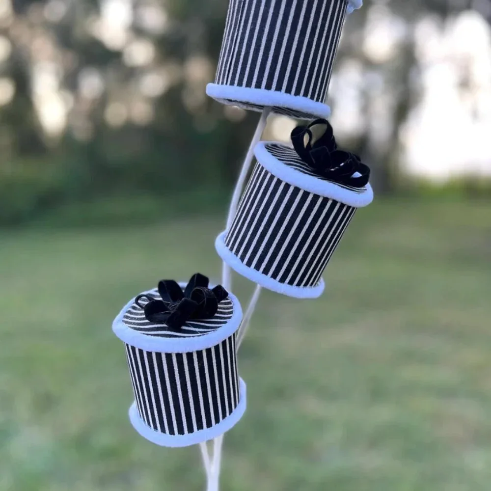 Black and White Striped Round Present Packages Spray Stem Christmas Pick